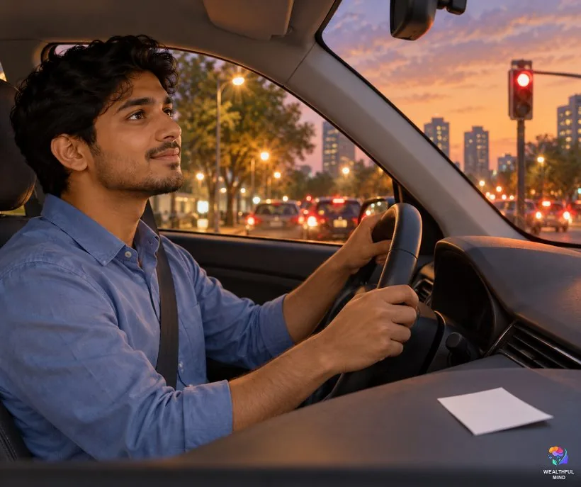 Why you keep seeing 6161: a young man pausing thoughtfully in his car at an evening traffic light