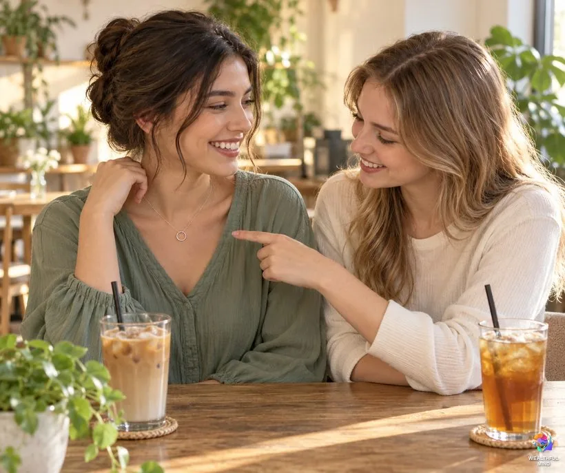 Will other shifters recognize the shifting symbol: two young women laughing over a small silver pendant at a cafe