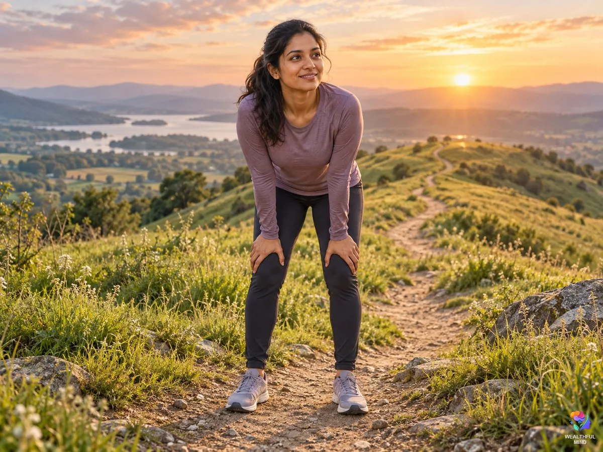 Winning mindset: a young woman catching her breath at the top of a hill trail at sunrise, ready to keep going