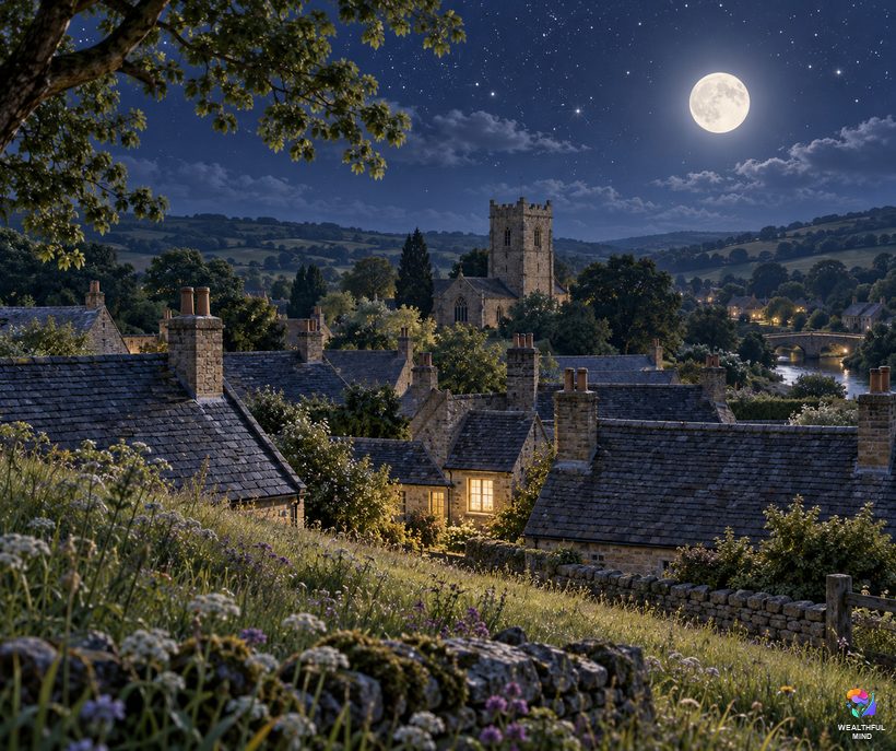 Witching hour or devil's hour: a calm moonlit village with an old stone church tower in the distance