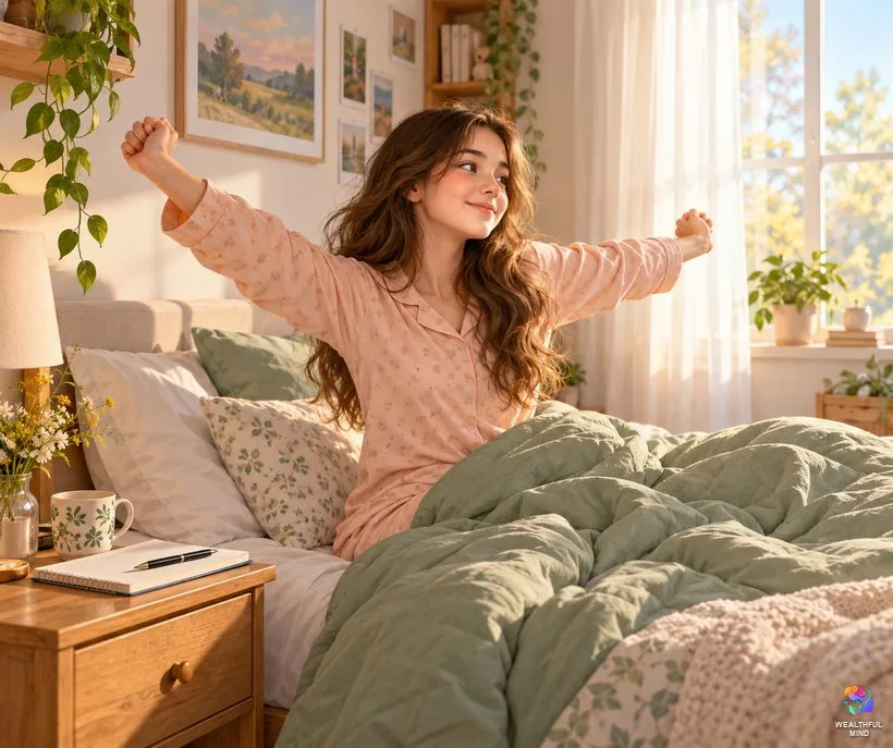 Woke up in your CR after a sleep method: a young woman stretching in morning sunlight with her notebook ready