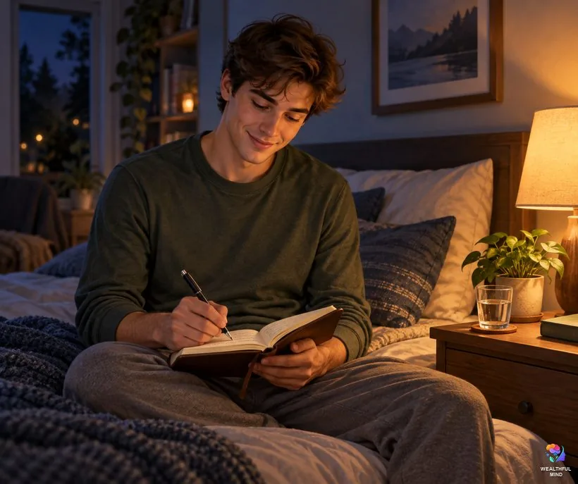 Your own shifting story: a young man writing about his shifting attempt in a journal by a bedside lamp