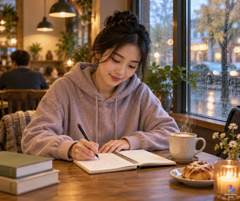 Writing manifestation methods: a young woman writing the same line again and again in a notebook at a café
