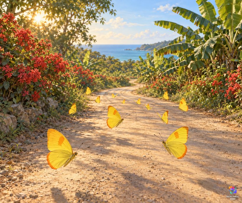 Yellow butterfly stories: orange-barred sulphurs fluttering across a Colombian road lined with red flowers