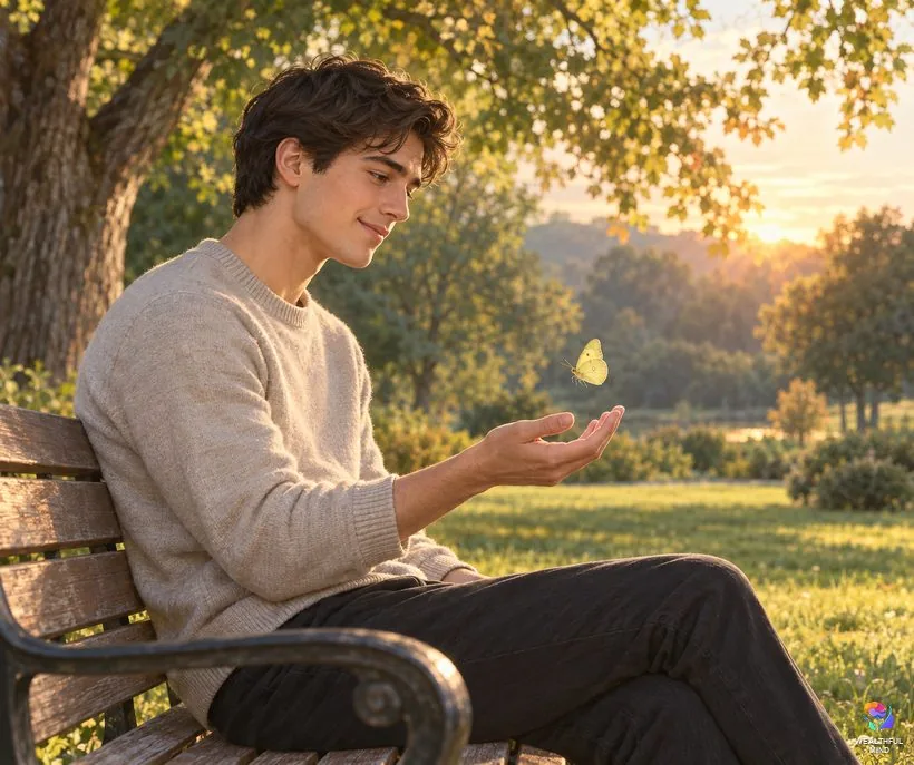 Yellow butterfly after someone dies: a young man on a park bench smiling at a small clouded sulphur above his hand