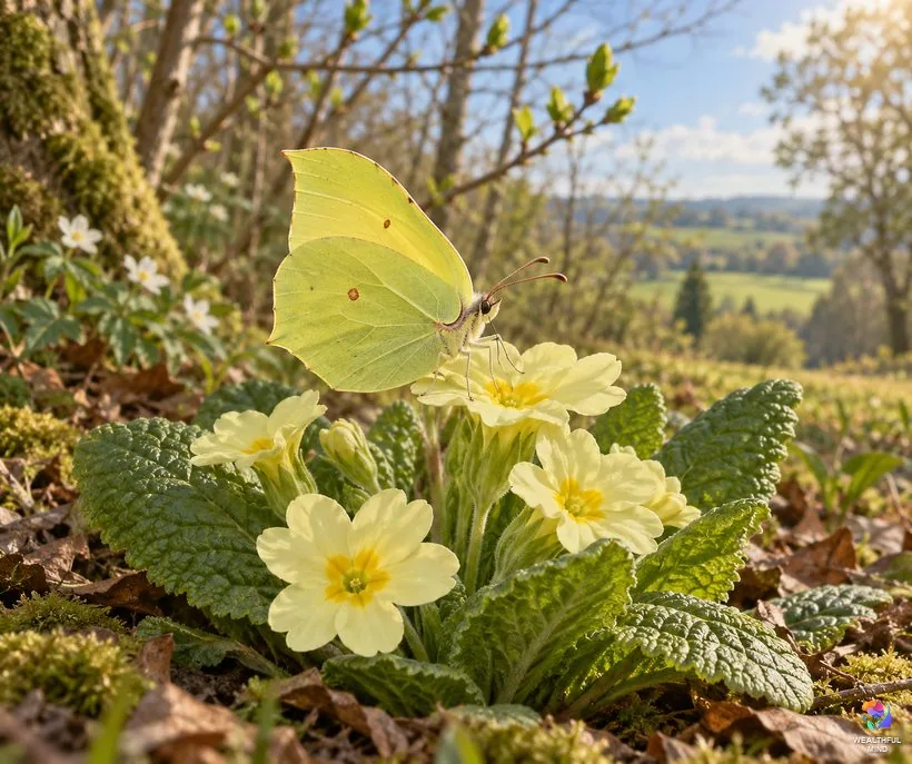 Is a yellow butterfly good luck: a brimstone resting on primroses at a woodland edge on an early spring day