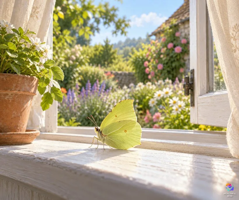 Yellow butterfly in the house: a lemon-yellow brimstone on the sill of an open window above a sunny garden
