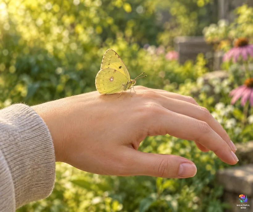 Yellow butterfly landing on you: a small clouded sulphur resting with closed wings on the back of a hand