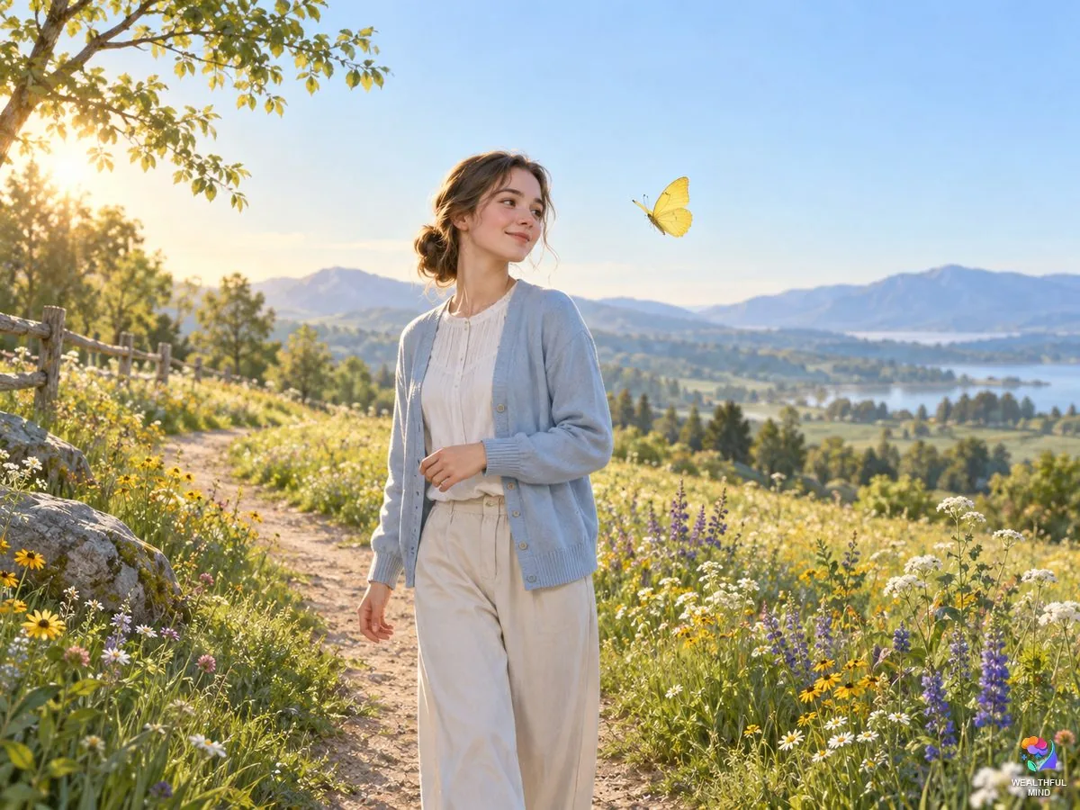 Yellow butterfly spiritual meaning: a young woman smiling as a bright yellow cloudless sulphur flies past her