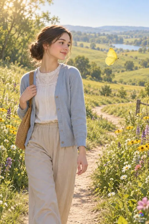 Yellow butterfly spiritual meaning: a bright yellow cloudless sulphur flying past a smiling young woman on a meadow path