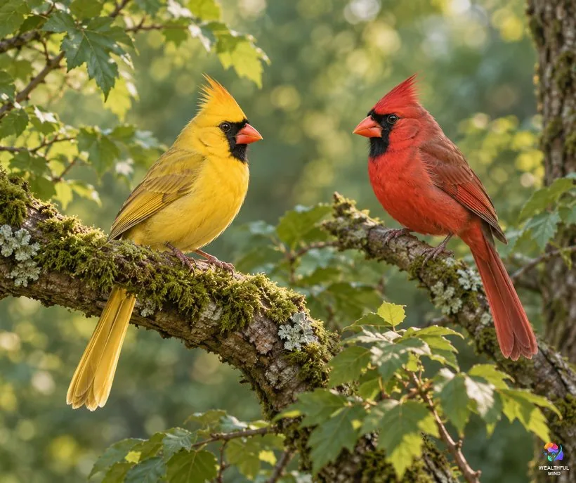 Yellow cardinal: a rare golden-yellow Northern Cardinal on a branch beside an ordinary red male